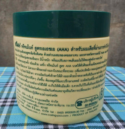 Caring AHA Hair Treatment cream jar back view with ingredients and instructions