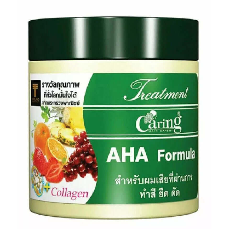 Caring AHA Hair Treatment 250ml jar front packaging for damaged and permed hair