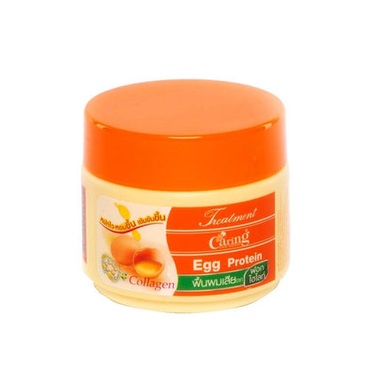 Front view of Caring Egg Protein Treatment 85ml small travel size hair mask jar