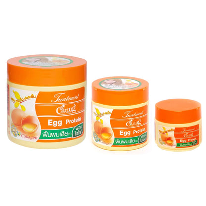 รูปที่ 1: Caring Egg Protein Treatment hair mask jars in three different sizes side by side