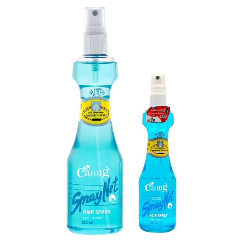 Caring Spray Net Hair Spray blue bottles in two sizes lineup set.