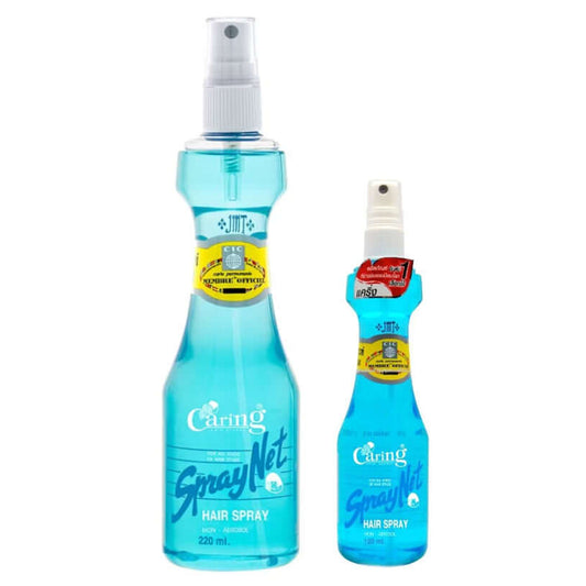 Caring Spray Net Hair Spray blue bottles in two sizes lineup set.