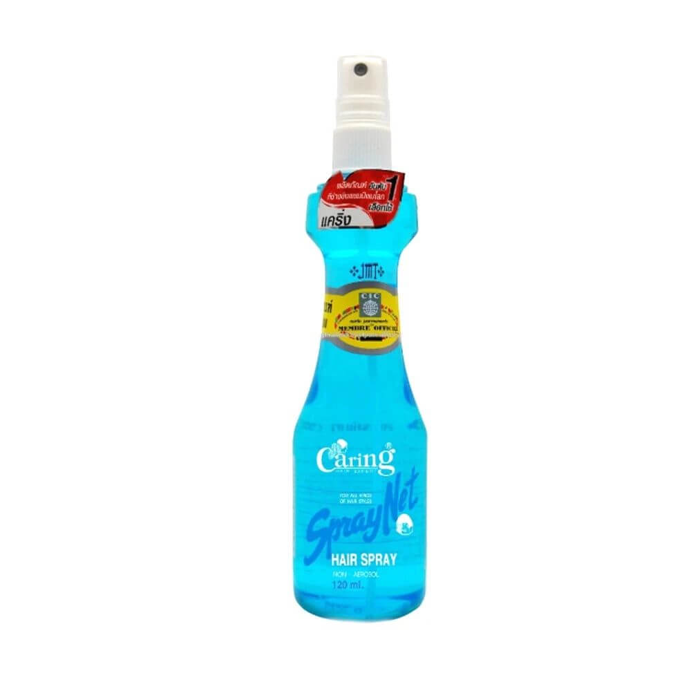 Caring Spray Net Hair Spray 120ml blue bottle front view.