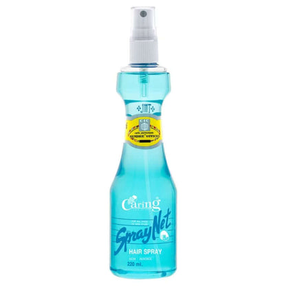 Caring Spray Net Hair Spray 220ml blue bottle front view.
