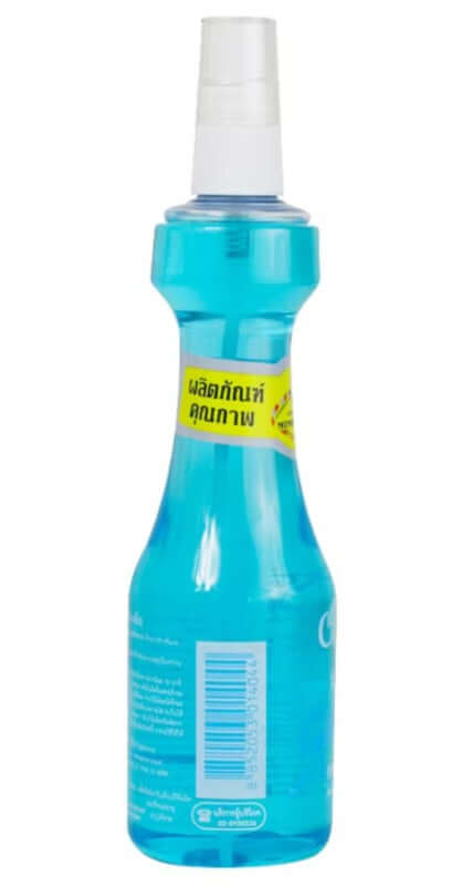 Caring Spray Net Hair Spray blue bottle side view with barcode label.