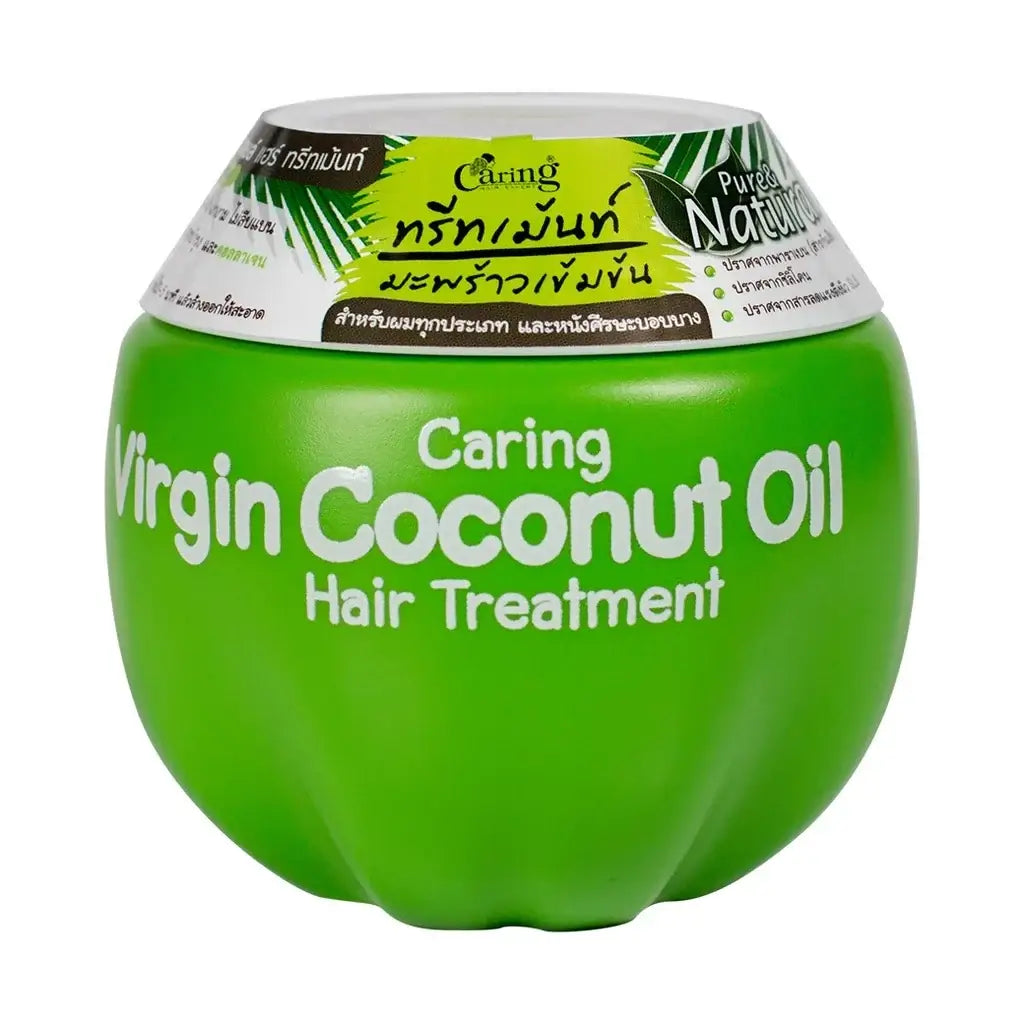 Caring Virgin Coconut Oil Hair Mask in green packaging for deep hair nourishment and treatment.