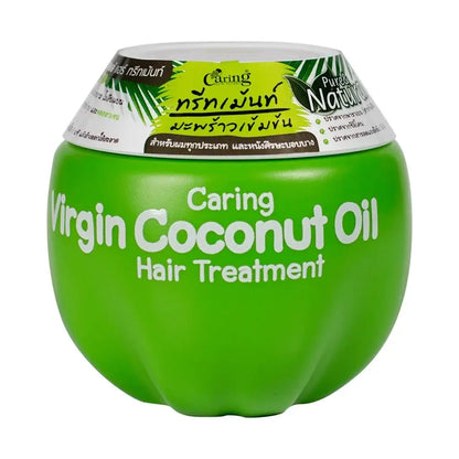 Caring Virgin Coconut Oil Hair Mask in green packaging for deep hair nourishment and treatment.