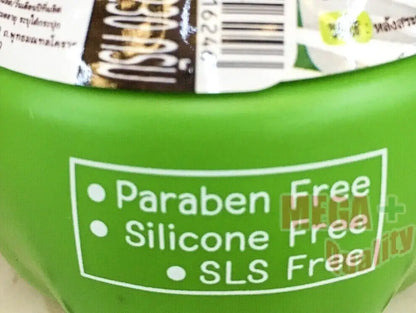 Caring Virgin Coconut Oil Hair Mask label showing Paraben Free, Silicone Free, and SLS Free certifications on packaging.