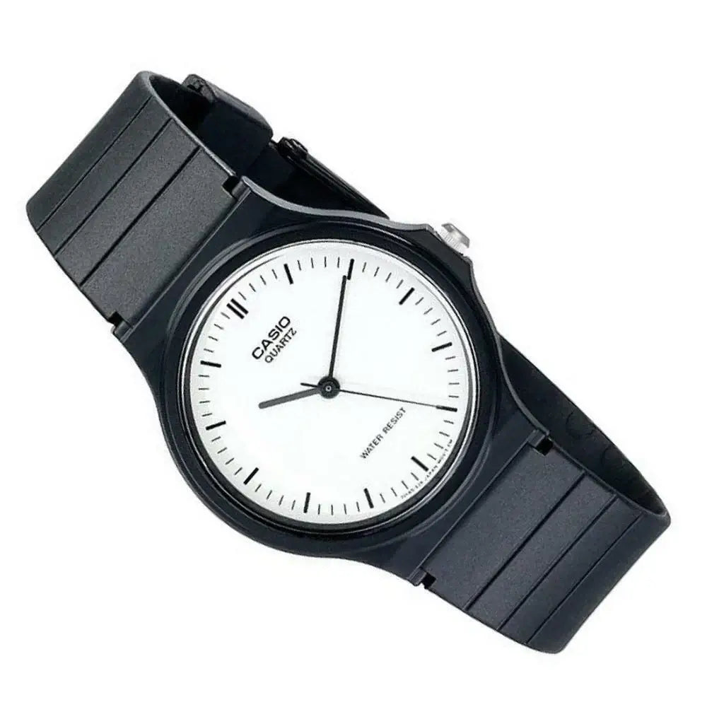 Casio MQ-24-7ELDF Watch featuring a black resin band and a minimalist white dial.