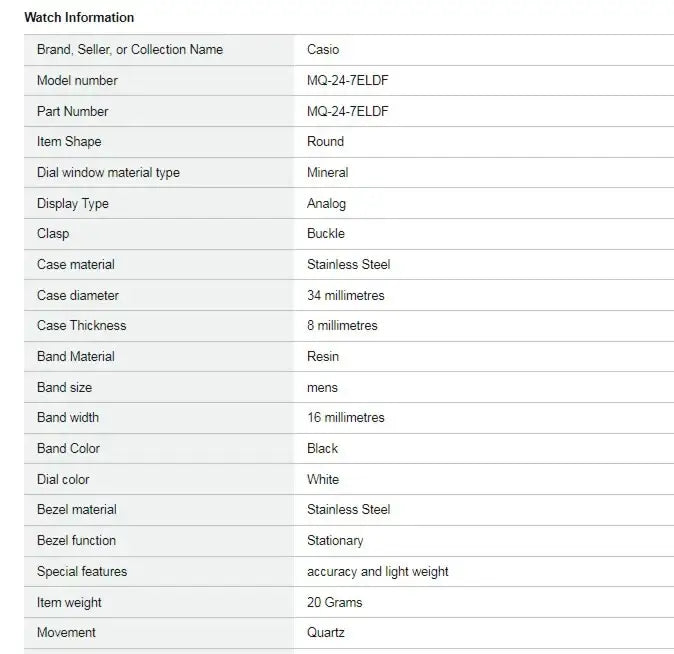 Casio MQ-24-7ELDF Watch specifications including model number, case material, dial color, and movement details.