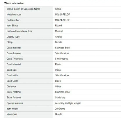 Casio MQ-24-7ELDF Watch specifications including model number, case material, dial color, and movement details.