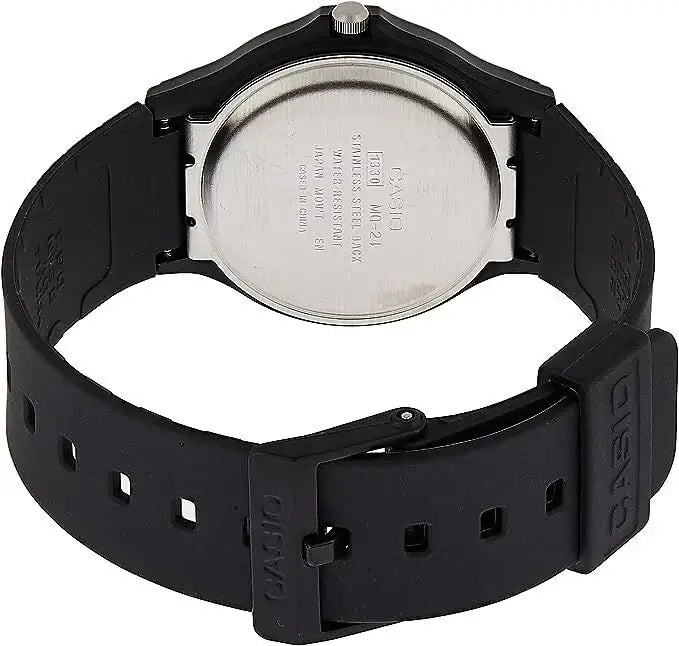 Back view of Casio MQ-24-7ELDF Watch showing the black resin band and stainless steel case.