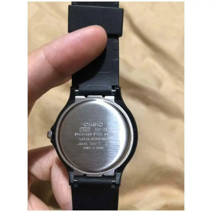 Casio MQ-24-7ELDF Watch showing stainless steel back and black resin band