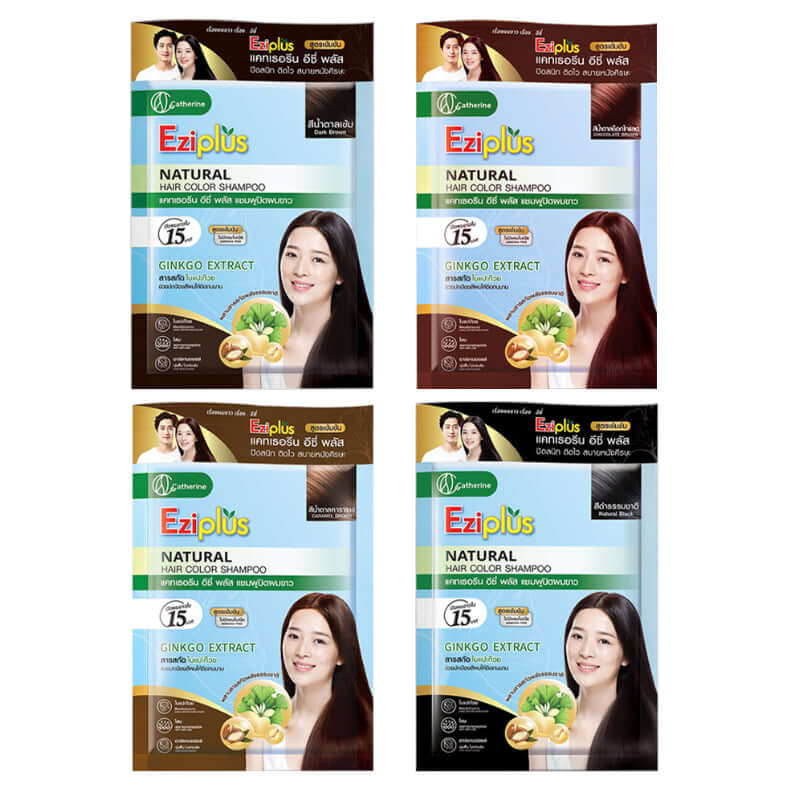 Catherine Eziplus Hair Color Shampoo Grey Cover Ammonia Free in 30ml packs with Ginkgo extract, for natural hair color.