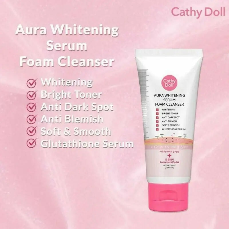 Cathy Doll Aura Serum Foam Facial Cleanser 100ml Tube on Pink Background