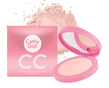 Cathy Doll CC Powder Pact open compact with mirror and loose face powder.