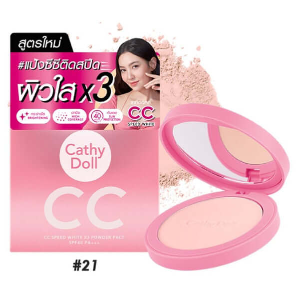 Cathy Doll CC Powder Pact Speed WhiteX3 open compact with mirror and applicator puff (shade #21).