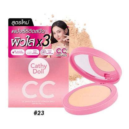 Cathy Doll CC Powder Pact Speed WhiteX3 open compact with mirror and applicator puff (shade #23).