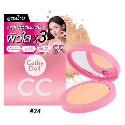 Cathy Doll CC Powder Pact Speed WhiteX3 open compact with mirror and applicator puff (shade #24).