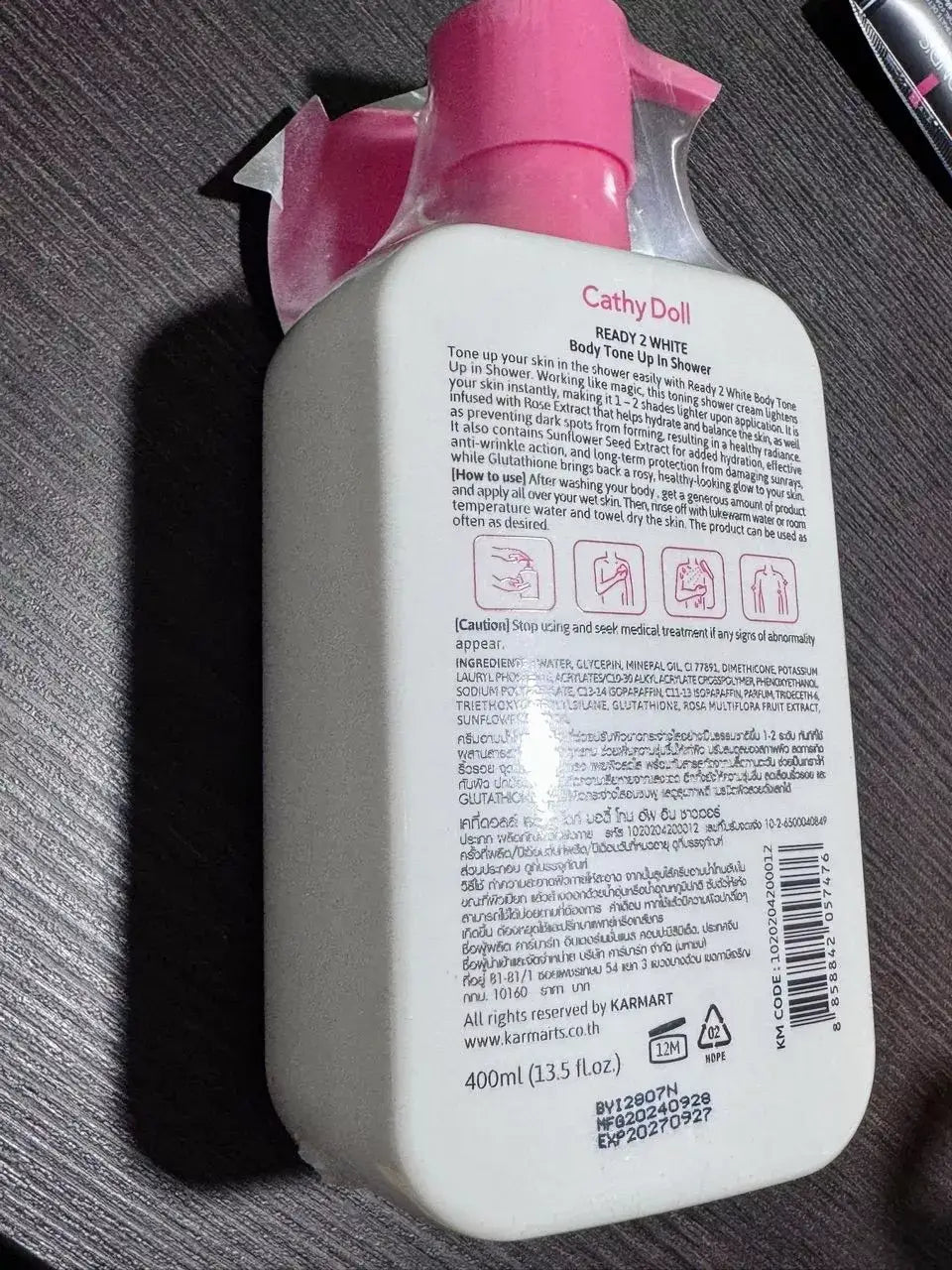 Cathy Doll Ready 2 White Body Tone Up In Shower Cream back bottle packaging with ingredients and barcode