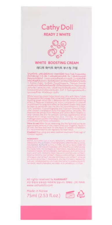 Cathy Doll Ready 2 White Boosting Cream packaging, 75ml, featuring brightening and moisturizing benefits.