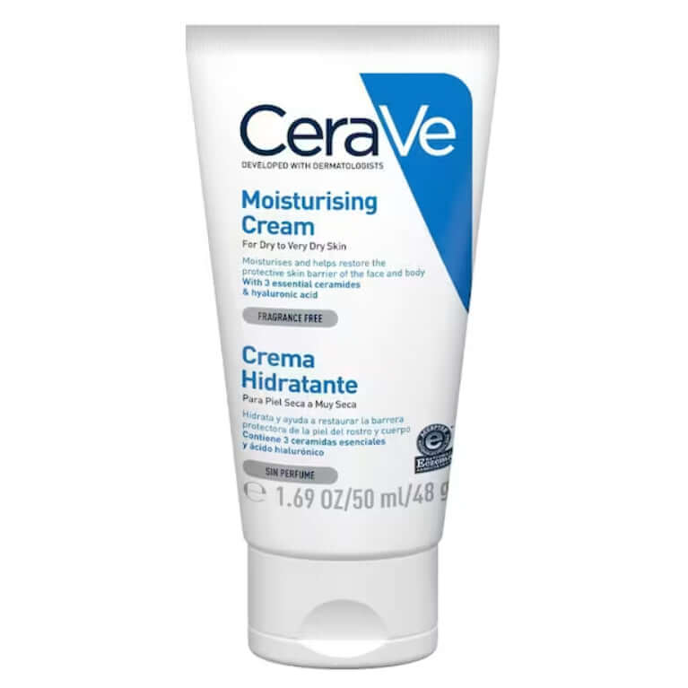 Front view of a white tube of CeraVe Moisturising Cream for dry to very dry skin.