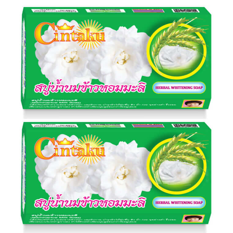 Cintaku Rice Milk Soap Jasmine Herbal Collagen Vitamin E packaging with jasmine flowers and rice milk, 2x90g.