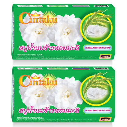 Cintaku Rice Milk Soap Jasmine Herbal Collagen Vitamin E packaging with jasmine flowers and rice milk, 2x90g.