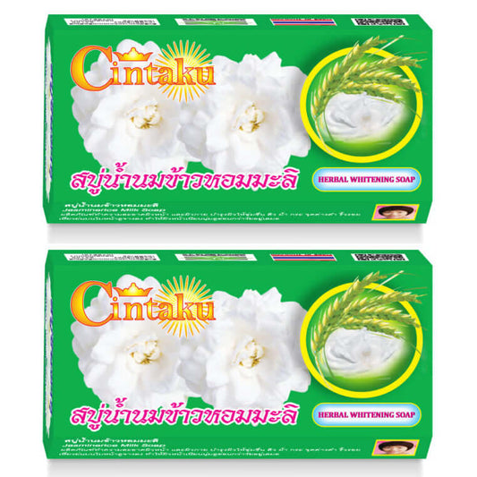 Cintaku Rice Milk Soap Jasmine Herbal Collagen Vitamin E packaging with jasmine flowers and rice milk, 2x90g.