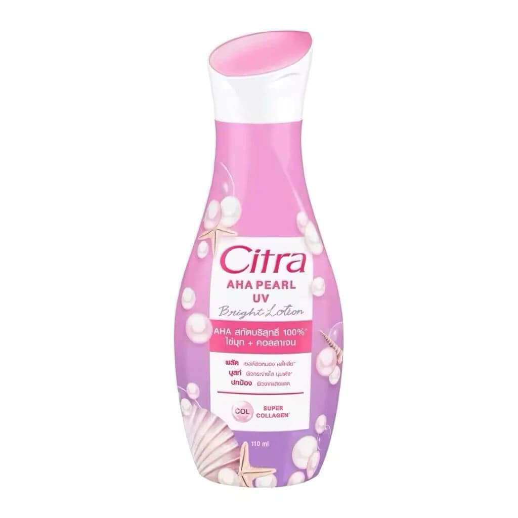 Small squeeze bottle of Citra AHA Pearl UV Lotion 110ml skin care product on a white background