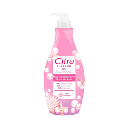 Medium pump bottle of Citra AHA Pearl UV Lotion 300ml hand and body cream on a white background