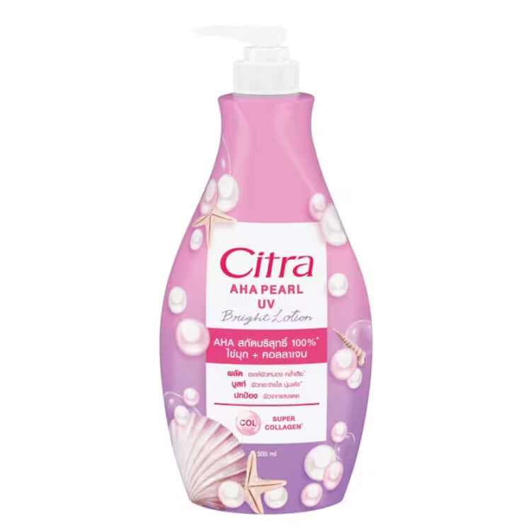 Large pump bottle of Citra AHA Pearl UV Lotion 500ml body moisturizer on a white background