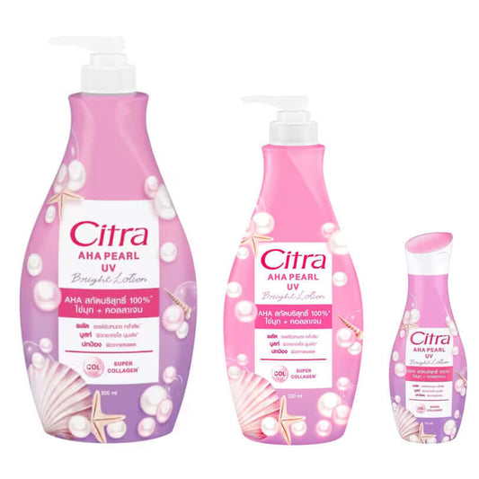 Three different sizes of Citra AHA Pearl UV Lotion pink bottles standing in a row