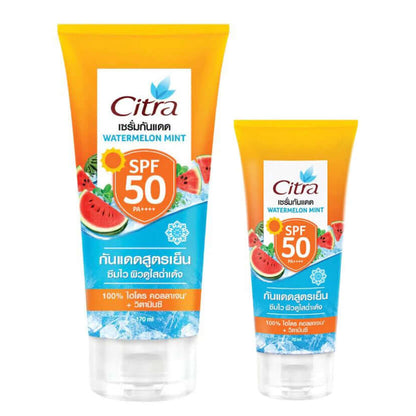 Citra Sunscreen Serum Watermelon Mint SPF50 PA++++ front packaging with 170ml tube and 70ml travel size