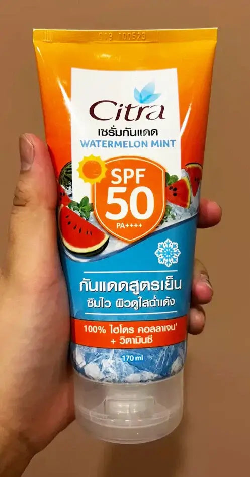 Citra Sunscreen Serum Watermelon Mint Cooling SPF50 PA++++ with vitamin C for effective sun protection.