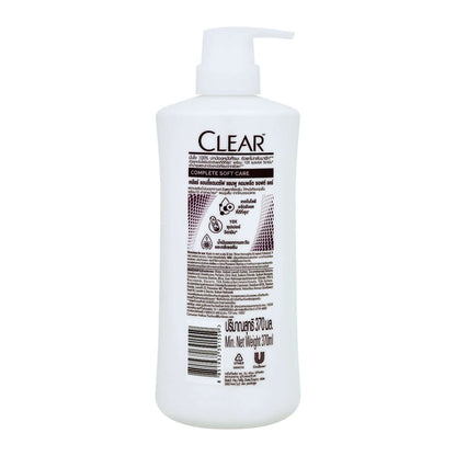 Clear Complete Soft Care Shampoo bottle for flake-free, soft hair, 370ml, featuring a pump dispenser and product details.