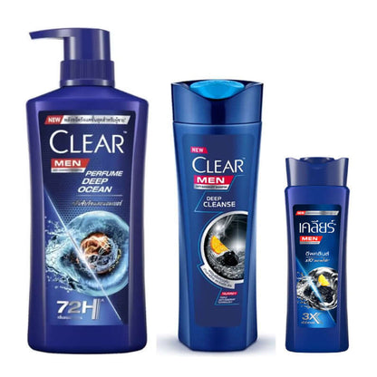 Clear Men Shampoo bottles in three different sizes lineup set.