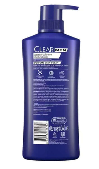 Clear Men Shampoo pump bottle back view with product details and ingredients label.