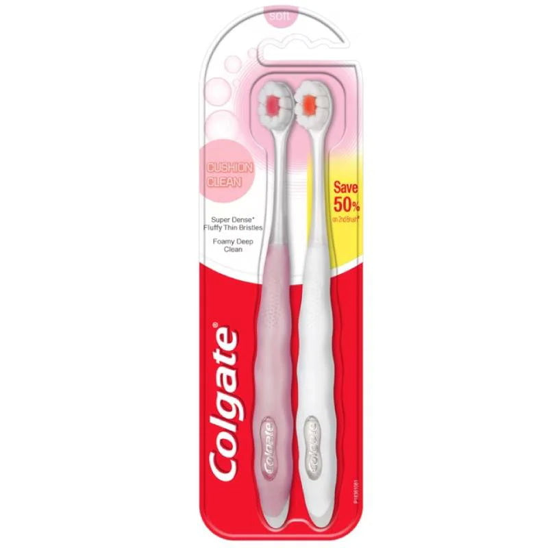 Colgate Cushion Clean Toothbrush twin pack in retail blister with soft fluffy bristles
