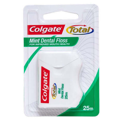 Colgate Total Dental Floss 25m blister card packaging with mint waxed floss dispenser