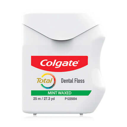 Colgate Total Dental Floss white plastic dispenser container showing mint waxed label front view