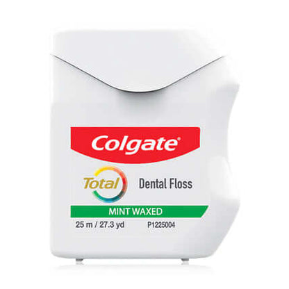 Colgate Total Dental Floss white plastic dispenser container showing mint waxed label front view