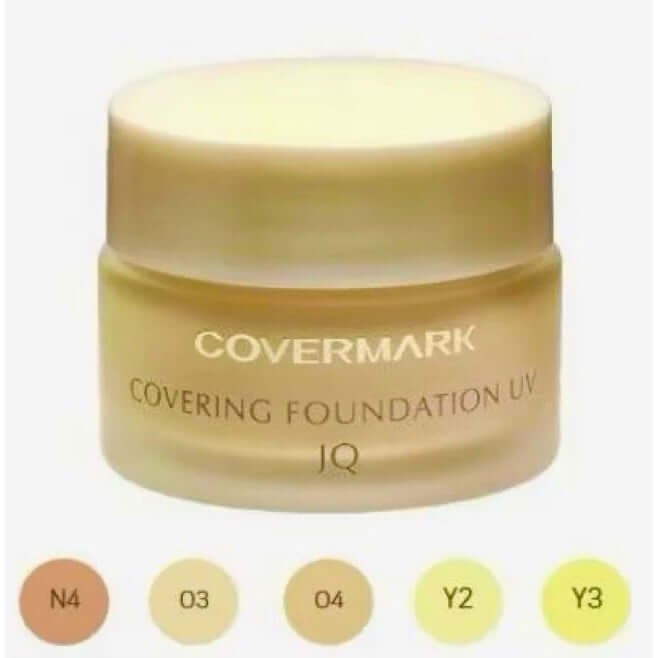Covermark Foundation UV JQ cream jar displaying shades N4, 03, 04, Y2, and Y3 for different skin tones.