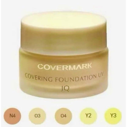 Covermark Foundation UV JQ cream jar displaying shades N4, 03, 04, Y2, and Y3 for different skin tones.