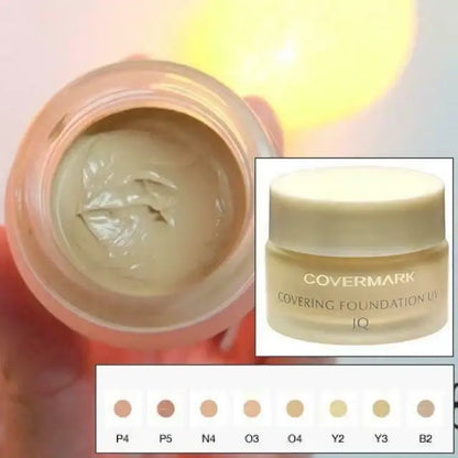 Covermark Foundation UV JQ waterproof cream texture in jar showcasing product shades and consistency for smooth coverage.