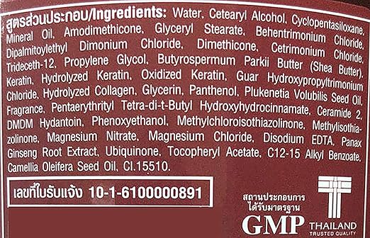 Close-up shot of the full ingredients list and GMP certification symbol on the Cruset Keratin Complex label.