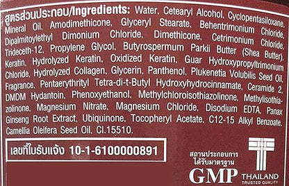 Close-up shot of the full ingredients list and GMP certification symbol on the Cruset Keratin Complex label.
