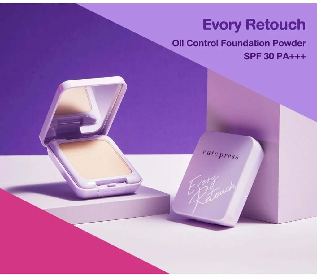 Cute Press Evory Retouch oil control foundation powder compacts open and closed display