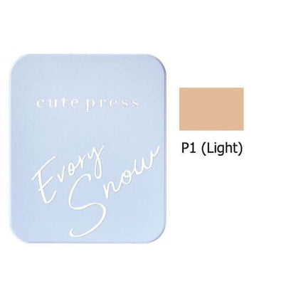 Cute Press Evory Snow Powder Foundation P1 Light color swatch and packaging, offering oil control and SPF30.
