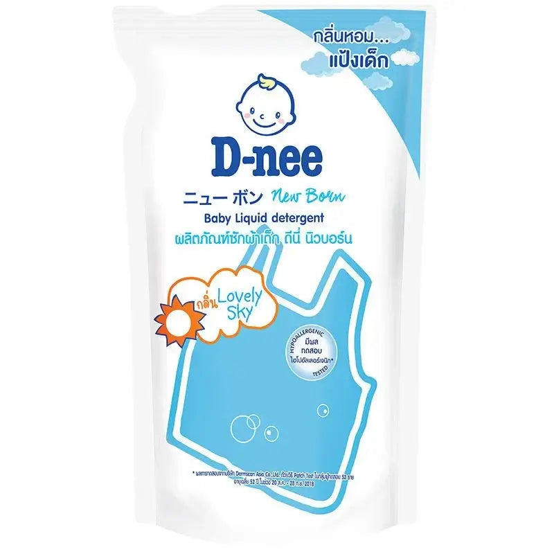 D-nee Baby Detergent New Born Liquid Wash Lovely Sky Refill 530ml packaging with soft pastel colors.